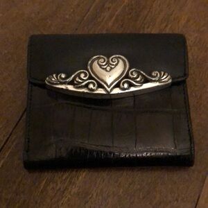 Brighton black double fold leather wallet w/ silver heart and button